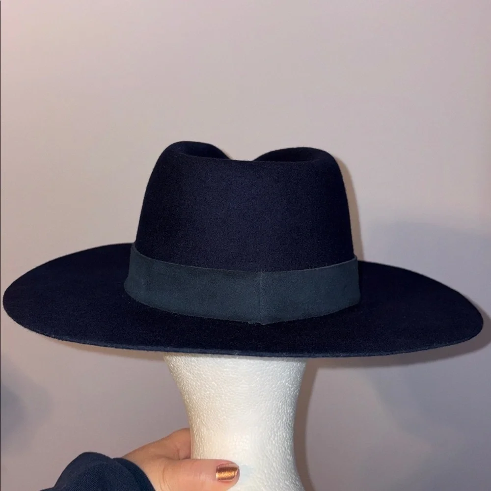 By Anthropologie Gemma Felted Rancher Hat Navy Blue 100% Wool Wide Brim Cowboy